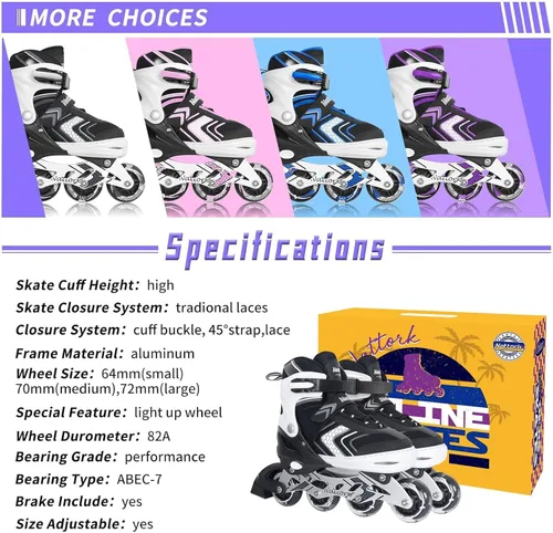 Miniatura 6 de Nattork Patines en línea ajustables para niñas y niños con ruedas completamente iluminadas, patines en línea para principiantes para niños y jóvenes