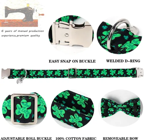 Miniatura 3 de DOGWONG Collar de perro de trébol de la suerte verde con corbatín, suave y ajustable para el día de San Patricio, collar negro para cachorros