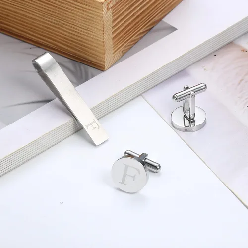 Miniatura 26 de LOYALLOOK - Gemelos de acero inoxidable grabados con inicial y clip de corbata, diseño de letras del alfabeto con caja de regalo, A-Z