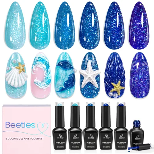 Miniatura 31 de Beetles - Juego de esmaltes de uñas de gel para boda, 6 colores, color nude, rosa, malva, blanco, con brillantina, para remojar con luz UV LED, arte