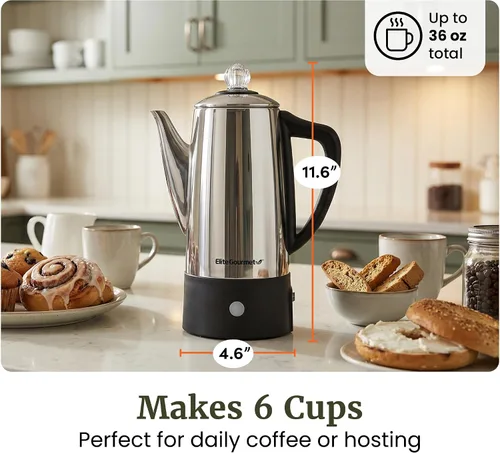 Miniatura 8 de Elite Gourmet EC140 Cafetera eléctrica de 6 tazas con función de mantener caliente, perilla de progreso de preparación transparente, mango de tacto