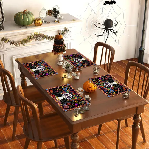 Miniatura 5 de Juego de 4 manteles individuales del Día de los Muertos Dia De Los Muertos, Altar Mexicano de Muertos, decoración y suministros para mesa del hogar