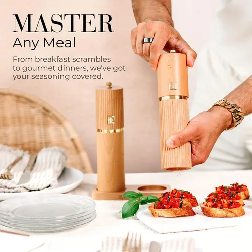 Miniatura 9 de Styled Settings Juego de Molinillos de Sal y Pimienta de Madera con Detalles Dorados – Juego de Molinillos de Sal y Pimienta Manual de Madera Madera