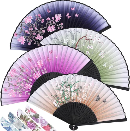 Miniatura 16 de Zonon Paquete de 4 abanicos plegables florales de mano, abanicos de bambú de seda con borla para mujer, ventilador plegable de mano ahuecado