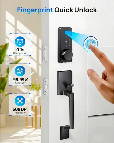 Miniatura 3 de Set de cerradura de puerta de entrada sin llave inteligente con manija de puerta delantera, desbloqueo biométrico de huellas dactilares en 0.1s