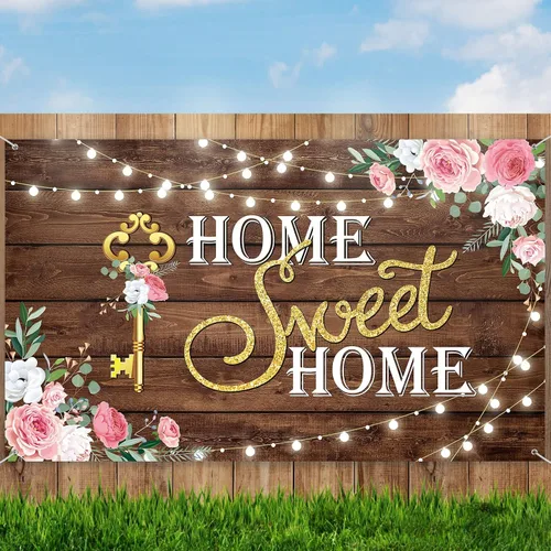 Decoración de fiesta de inauguración de la casa, cartel de fondo de fotografía con luces brillantes, fondo de madera floral rosa, para cabina de