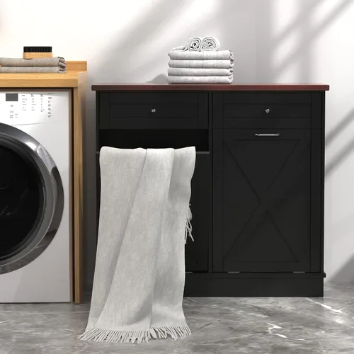 Miniatura 6 de TOLEAD Gabinete de basura oculto de madera de 2 x 10 galones con puerta de granero y parte superior de madera maciza, contenedor de basura de cocina