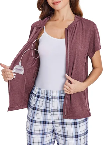 Miniatura 18 de Deyeek Camisas de mastectomía con bolsillos de drenaje Tops post cirugía de hombro para mujeres con puerto de quimio manga corta con cremalleras