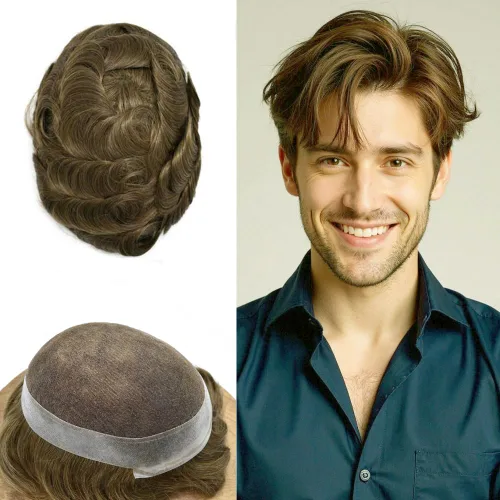Miniatura 57 de Toupee para hombres Sistema de reemplazo de cabello humano real pieza de cabello humano para hombres encaje suizo para hombre Toupee Hair Pieces