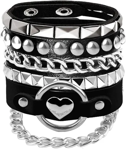 3 pulseras de cuero suave con corazón/pirámide/cadena, puños de muñeca Emo Punk, accesorios de joyería, regalo gótico para mujeres vintage