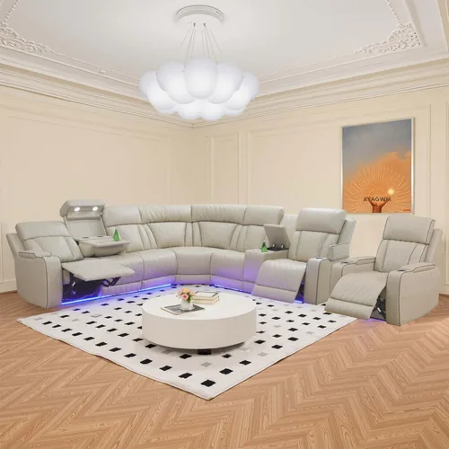 Juego de sofá modular reclinable eléctrico con luz LED, juego de sofá modular reclinable de cuero, incluye sillón reclinable individual, juego de