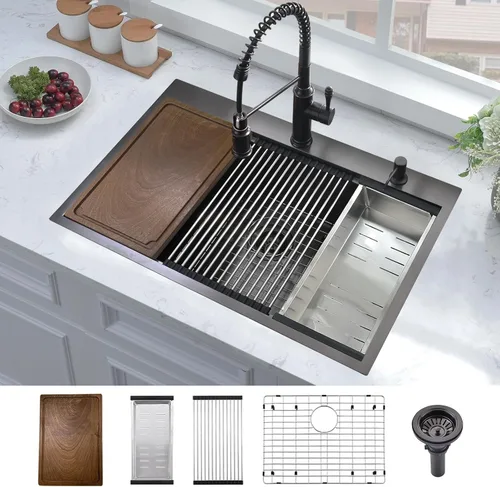 Miniatura 12 de Fregadero de cocina de 33 x 19 pulgadas, estación de trabajo de montaje superior, de acero inoxidable calibre 16, fregadero de cocina de un solo
