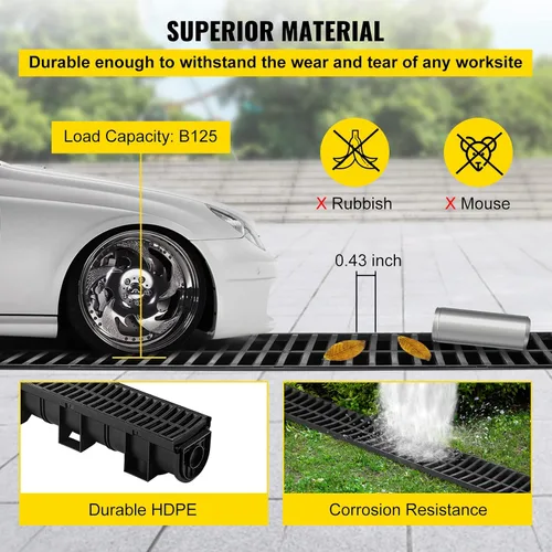 Miniatura 6 de VEVOR Sistema de drenaje de zanjas con rejilla de plástico, drenaje de canal HDPE de 5.9 x 5.1 pulgadas para jardín, entrada de vehículos, paquete