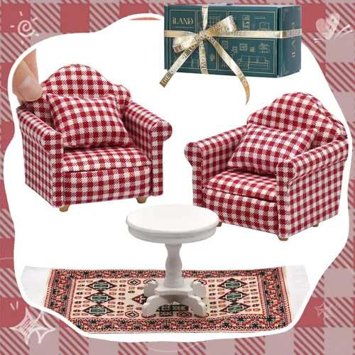 iLAND Lindos juguetes para niñas de 6 a 8 años, encantadora decoración para casa de muñecas a escala 1/12, juego de sofás de gingham para casa de