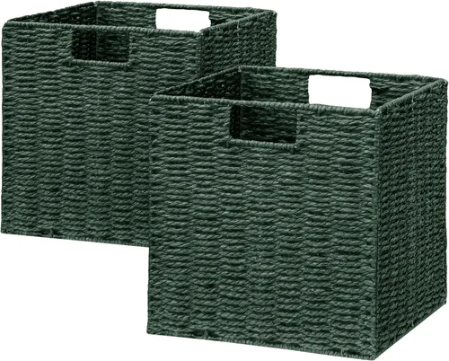 Miniatura 18 de VAGUSICC - Canastas de almacenamiento tejidas a mano, juego de 2, con asas, plegables, tipo cubo, de 13 pulgadas, grandes, de mimbre, para estantes