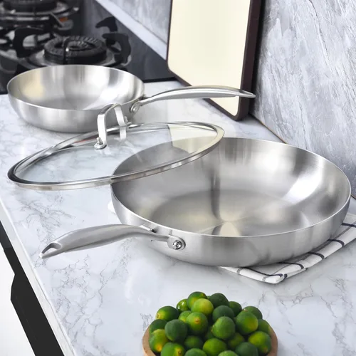 Miniatura 8 de LOLYKITCH Sartén de acero inoxidable de tres capas de 12 pulgadas con tapa, sartén, sartén de inducción, apta para horno y mango desmontable