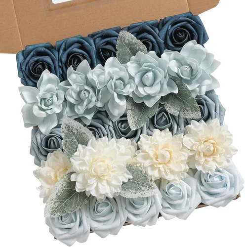 Miniatura 12 de rongflower Flores artificiales de aspecto real, color rosa polvoriento, rosas falsas de espuma con tallos, 25 piezas para bricolaje, bodas, Rosa