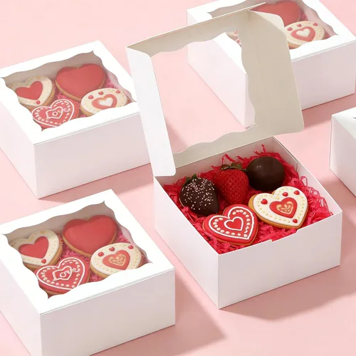 Miniatura 2 de XINHPKGG Paquete de 20 Cajas para Galletas de 6x6x3 Pulgadas Cajas de Panadería con Ventana Caja de Dulces Caja de Postres para Macarrones Mini