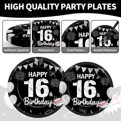 Miniatura 3 de Juego de 96 piezas de platos de papel, servilletas y tenedores para fiesta de cumpleaños número 16 para fiesta negra de dulces 16 años, platos
