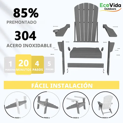 Miniatura 5 de Juego de sillas plegables Adirondack de 3 piezas, respaldo extra alto de 38 pulgadas y grano de madera en relieve, muebles de patio de polietileno