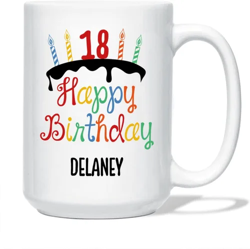 BigTees Taza de café personalizada, taza de feliz cumpleaños, taza con nombre personalizado, 15 onzas, blanco, regalos de cumpleaños