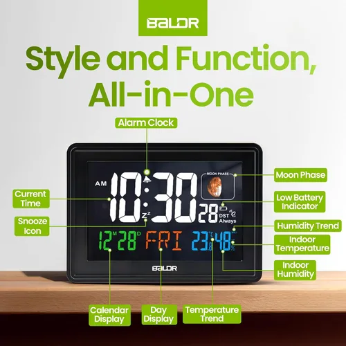 Miniatura 8 de BALDR Relojes Atómicos para Dormitorios Pantalla Digital Grande - Negro - Reloj de Escritorio con Temperatura Interior y Humedad, Reloj de Mesa