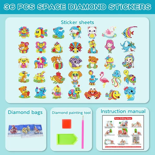 Miniatura 3 de ACSAUMMY Kits de Pegatinas de Pintura de Arte de Diamante para Niños, 36 piezas de Lindas Pegatinas de Pintura de Arte de Diamante 5D Pegatinas