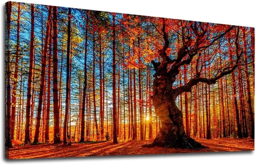 Arte de pared de bosque al atardecer, cuadros de árboles de hojas rojas, paisaje, lienzo, obra de arte contemporánea, pintura de naturaleza impresa