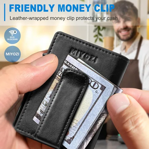 Miniatura 5 de miyozi Billetera para hombre, con clip para dinero, bolsillo para monedas, ventana para identificación, delgada, bolsillo frontal con bloqueo RFID