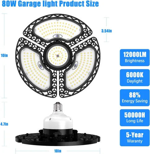 Miniatura 5 de Luces LED de garaje, 80 W, LED deformable, luces de techo 12000 LM, CRI 80 LED, Luces de Tienda para Garaje, Luces de Garaje con 3 paneles
