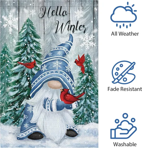 Miniatura 5 de Bandera de jardín de gnomo de invierno de 12 x 18 pulgadas, arpillera de doble cara, cardenales, copos de nieve, banderas de patio para Navidad