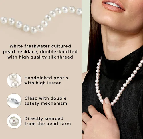 Miniatura 2 de The Pearl Source Real Pearl Necklace for Women with AAA Quality Round White Freshwater Genuine Cultured Pearls 18 inch Pearl Strand with 14K Gold