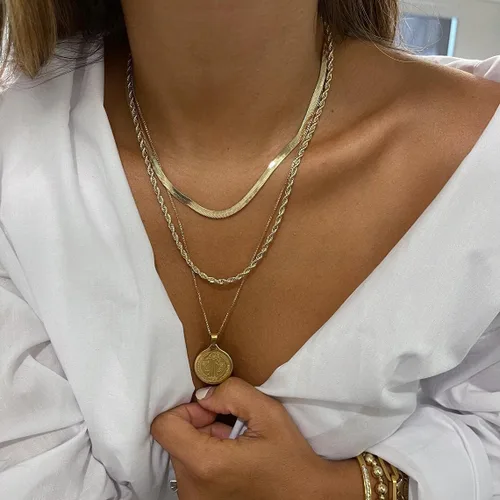 Miniatura 2 de Collar de espiga para mujer, collar de cadena plana de serpiente con relleno de oro de 14 quilates, collar de cadena de hueso de serpiente de 1.6