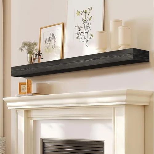Miniatura 18 de Repisa de chimenea de 48 pulgadas, madera maciza rústica hecha a mano de 3 pulgadas de grosor, estante flotante largo de pared con soporte de metal