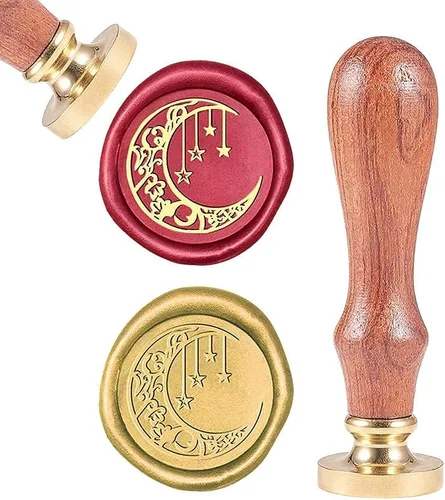 CRASPIRE Sello de cera con diseño de luna y estrellas, estilo vintage, bohemio, 0.98 pulgadas, sello de latón extraíble con mango de madera para