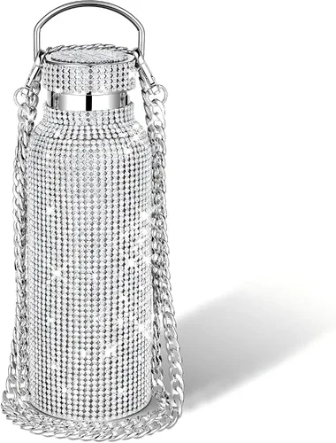 Miniatura 8 de Geiserailie Botella de agua con diamantes de imitación de acero inoxidable, térmica, recargable, aislada, con cadena, para mujeres y niñas