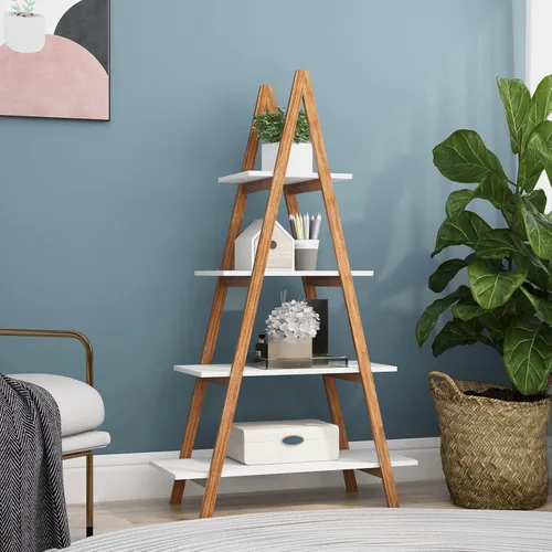 Miniatura 4 de Estantería de escalera blanca de 4 niveles, estantería de escalera de madera con marco en A, estantería moderna inclinada para sala de estar
