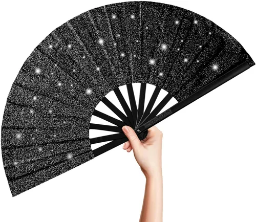 OMyTea Ventilador grande con purpurina para baile de línea, botas de 13 pulgadas en el suelo, ventilador de mano plegable para EDM, festival de Negro
