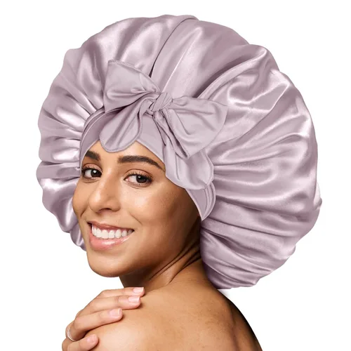 Miniatura 28 de Gorro de satén de seda para dormir con banda ancha para cabello rizado, color rosado oro rosa claro