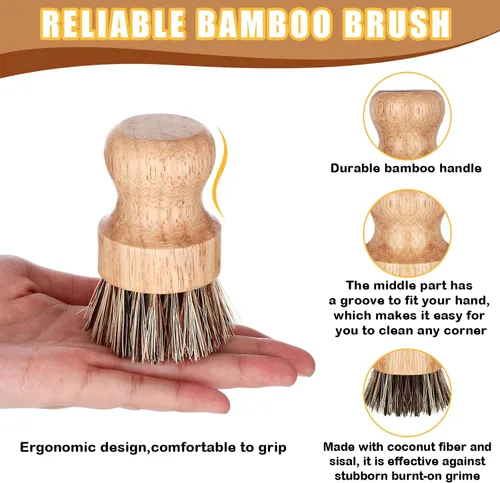 Miniatura 6 de Nuenen Juego de 6 cepillos de bambú para fregar platos de madera, juego de fregadores de cocina con cerdas de sisal naturales para fregadero