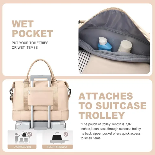 Miniatura 5 de Bolsas de fin de semana para mujer, bolsas de viaje con compartimento para zapatos, Beige, Bolsa de viaje+neceser