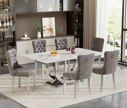 Miniatura 63 de Juego de mesa de comedor de 5 piezas para 4, mesa de cocina de mármol negro de 68 pulgadas con 4 sillas beige, mesa de comedor rectangular moderna