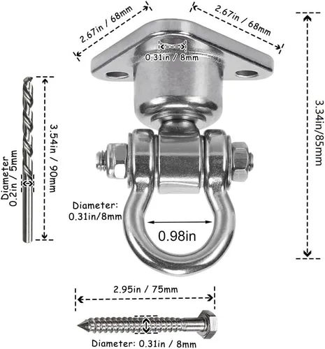 Miniatura 4 de Colgador de columpio con rodamiento silencioso giratorio Colgador de acero inoxidable resistente 180°+360° Gancho giratorio de columpio Capacidad
