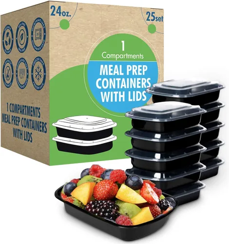 Contenedor de preparación de comidas reutilizable con tapas [25 juegos] de 24 onzas. Recipientes de preparación de alimentos ideales, caja Bento