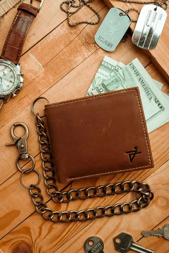 Miniatura 6 de Cartera de cuero genuino para hombre, con bloqueo RFID, plegable, elegante, billetera plegable con cadena de acero inoxidable, billetera abatible