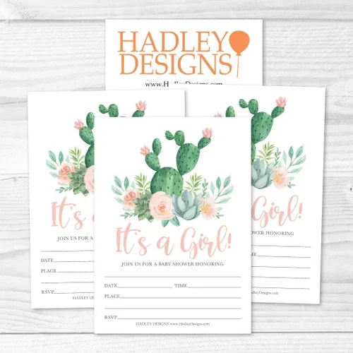 Miniatura 4 de Hadley Designs Invitaciones para baby shower para niña, 25 invitaciones de baby shower para niña, invitaciones de baby shower de cactus