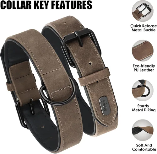 Miniatura 3 de Didog Collar de perro de piel sintética acolchado suave, transpirable y ajustable para perros pequeños, cómodo para paseos diarios, marrón, ajuste M
