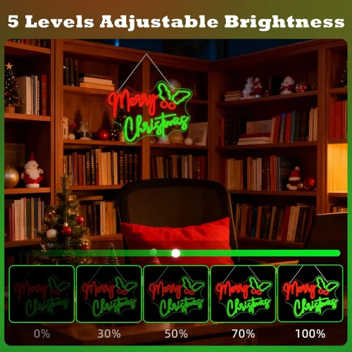 Miniatura 3 de Letrero de neón de Holly Berry, Navidad Feliz, luces LED rojas y verdes para decoración de pared, alimentado por USB, luces iluminadas