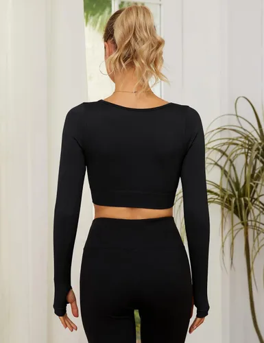 Miniatura 4 de ZHENWEI Camisetas de entrenamiento para mujer, acanaladas, sin costuras, de manga larga, para gimnasio, atletismo, yoga