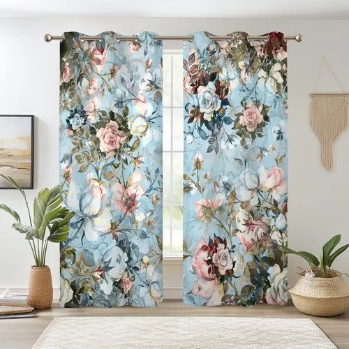 Miniatura 25 de Renaiss - Cortinas opacas florales boho, cortinas de ventana con aislamiento térmico y estampado de flores y plantas bohemias para dormitorio